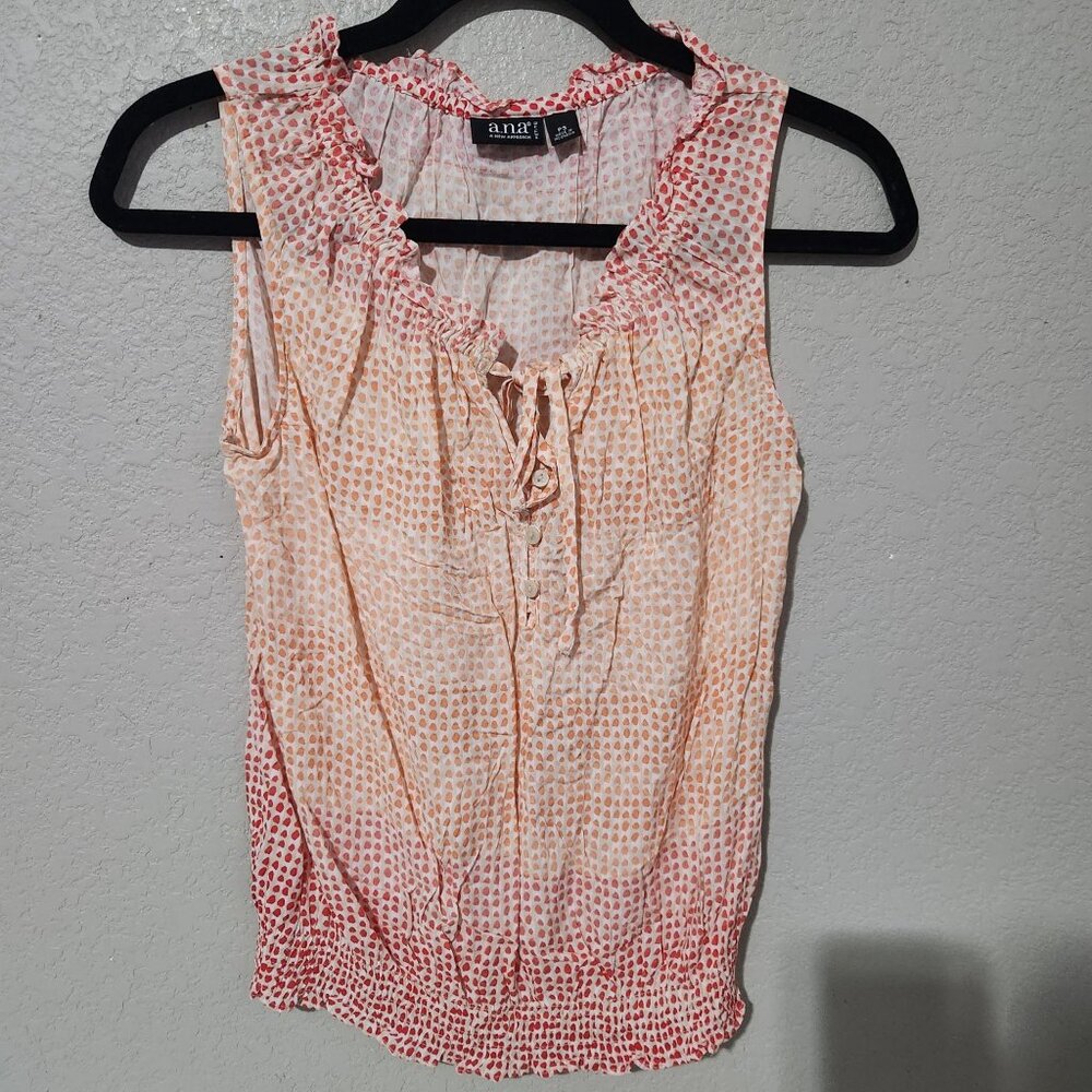 A.N.A Blouse Petite Small Sleeveless Ruffle Orange Red Polka Dot Pattern Fairy